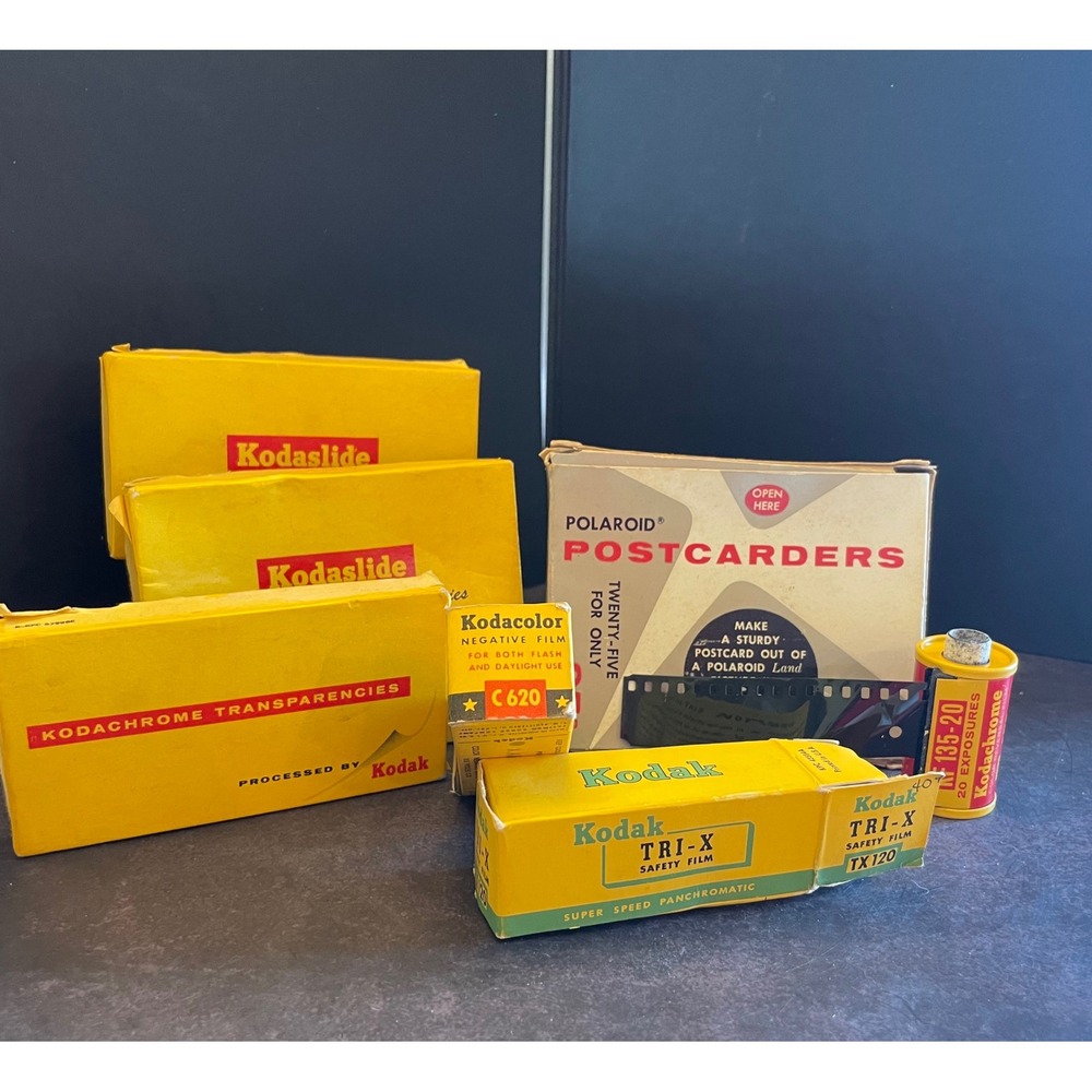 Vintage Camera Film Prop Lot Kodak Kodaslide Kodachrome Tri-X Polaroid Boxed